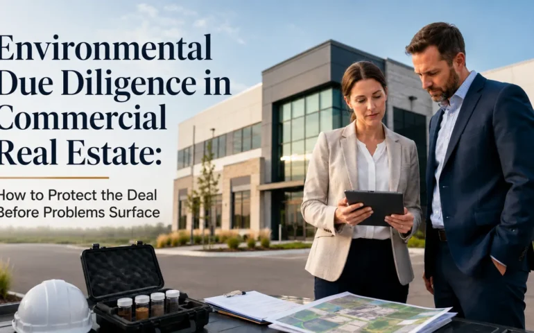 Environmental due diligence consultants reviewing property documents, site maps, and soil samples outside a modern commercial real estate building.