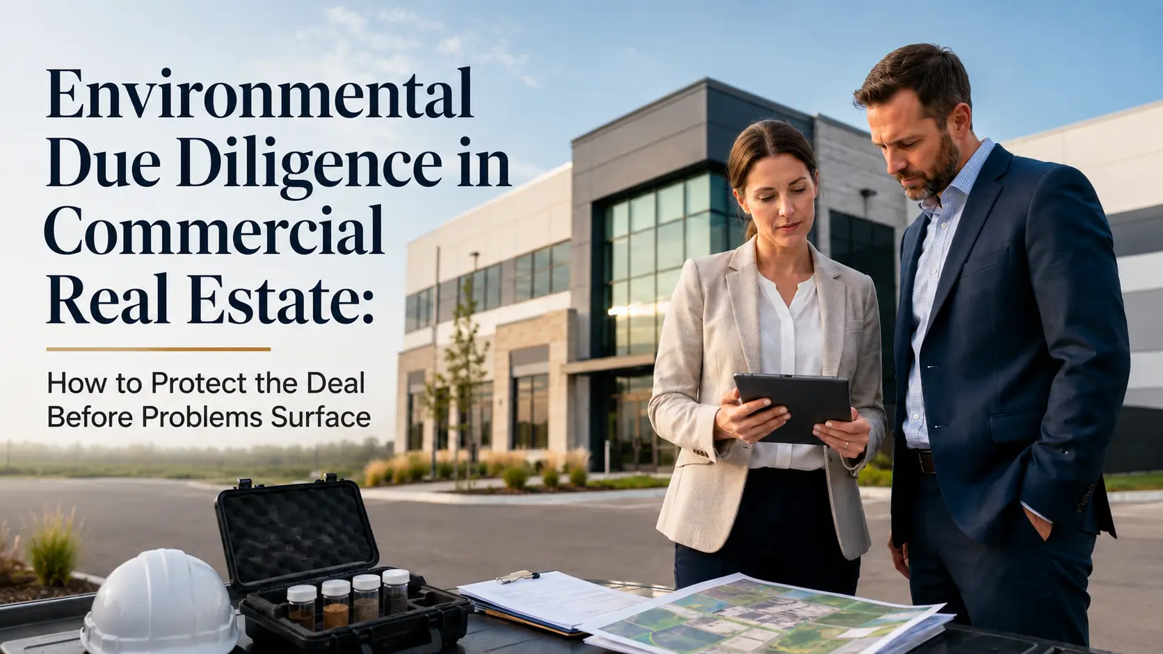 Environmental due diligence consultants reviewing property documents, site maps, and soil samples outside a modern commercial real estate building.